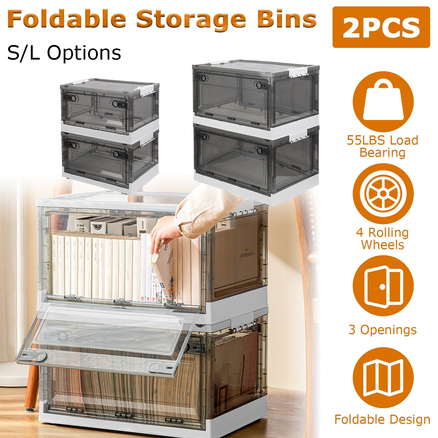 Collapsible Storage Bins Foldable Book Clothing Box Toy Organizer+Wheel 2-4PCS