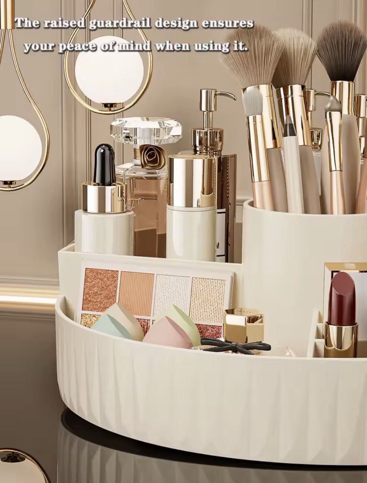 Large Round Plastic Storage Organizer, 10 Compartments, Beige, Modern