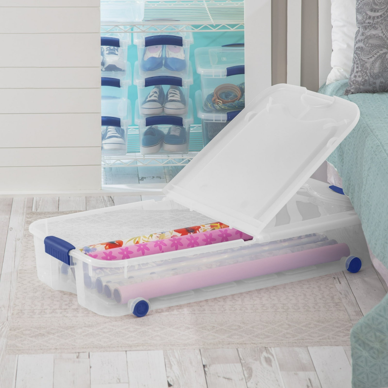 4 Pack 66 Quart Wheeled Underbed Storage Bin Clear w Latching Lid