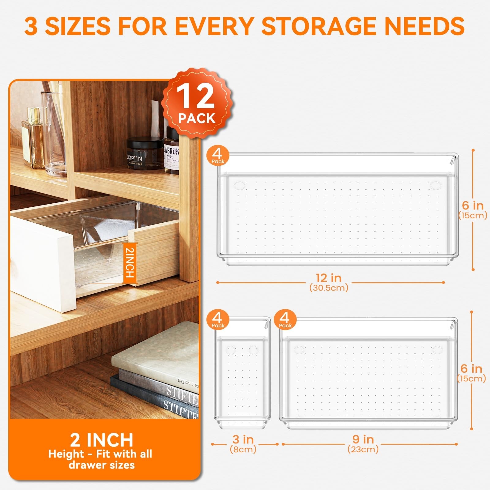 12 Pack Large Clear Plastic Drawer Organizers | Multi-Use Storage Trays for Kitc