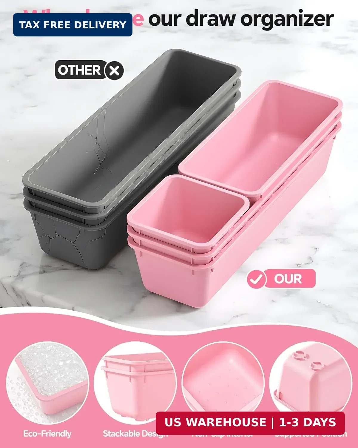 13 Pack Plastic Drawer Organizers Set, 3 Sizes Desk Drawer Organizer Tr