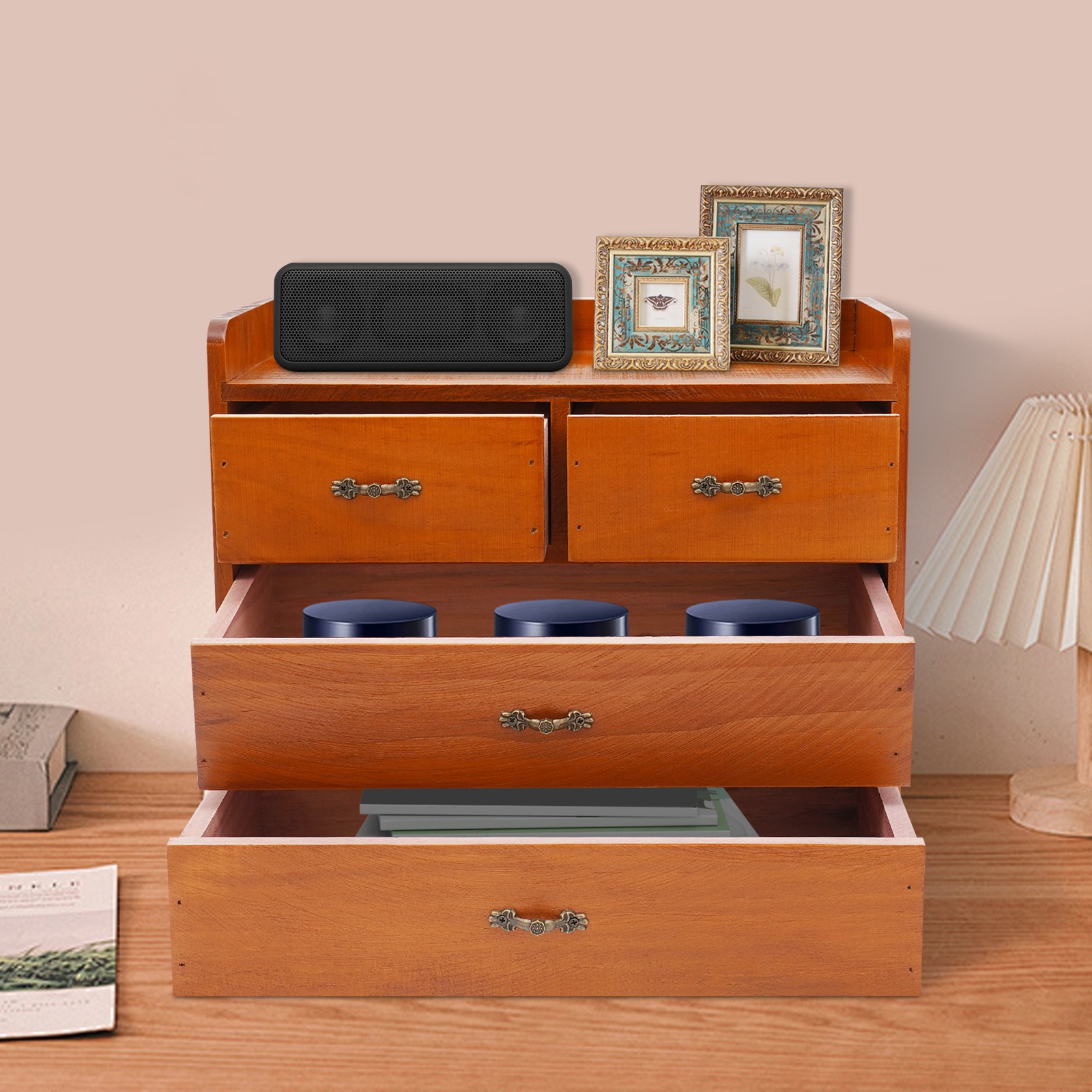 Retro Wooden 4 Drawer Desk Organizer Office Bedroom Tabletop Storage Drawer Box
