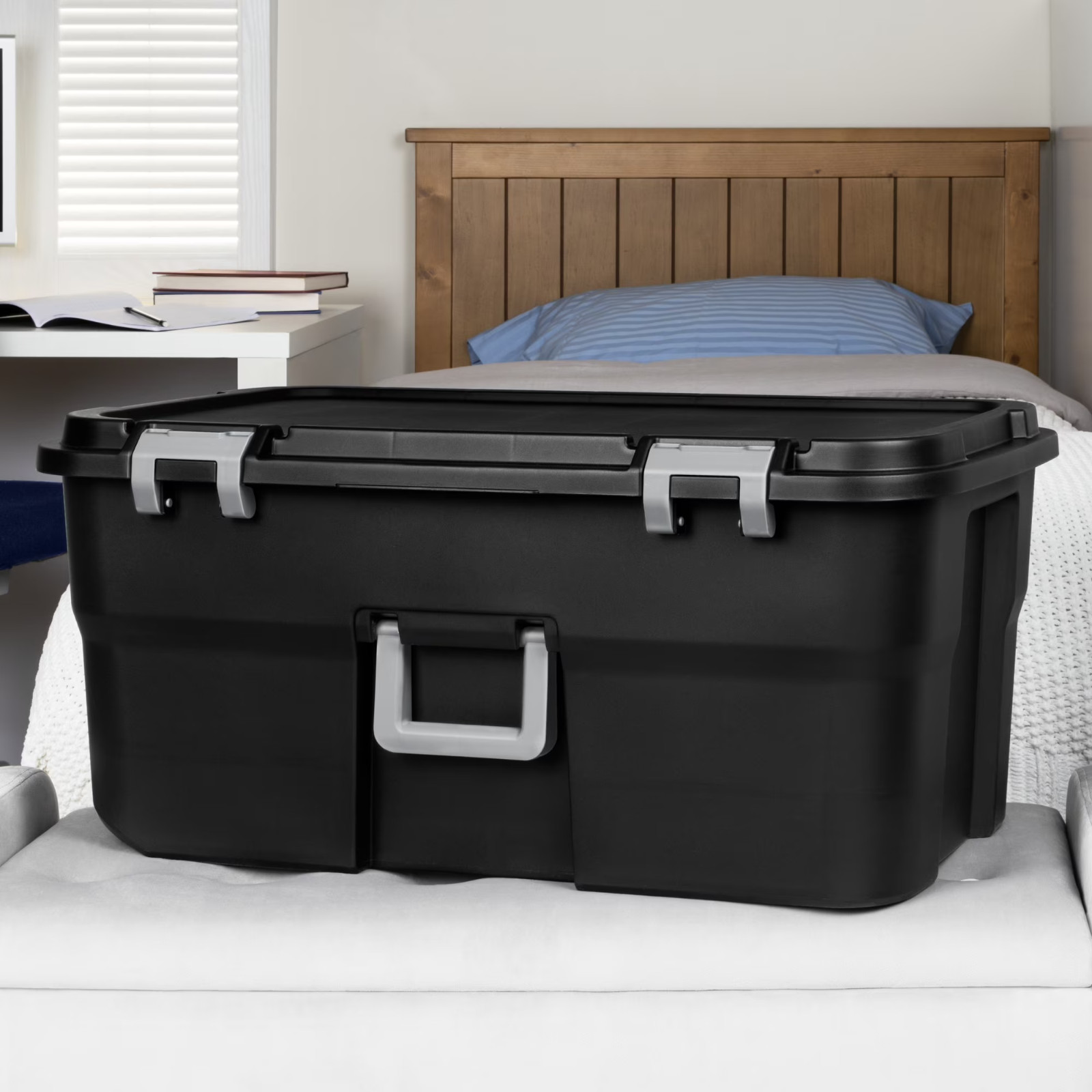 (2 pack) Sterilite 22 Gallon Large Wheeled Footlocker,Wheels and Handle, Black