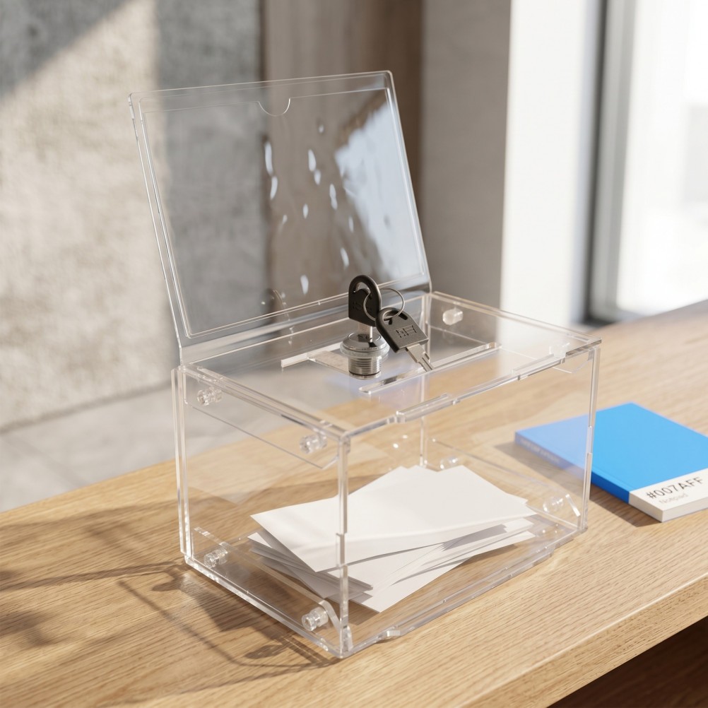 Clear Acrylic Ballot Box with Key – Lockable Money Collection Box with Slot –