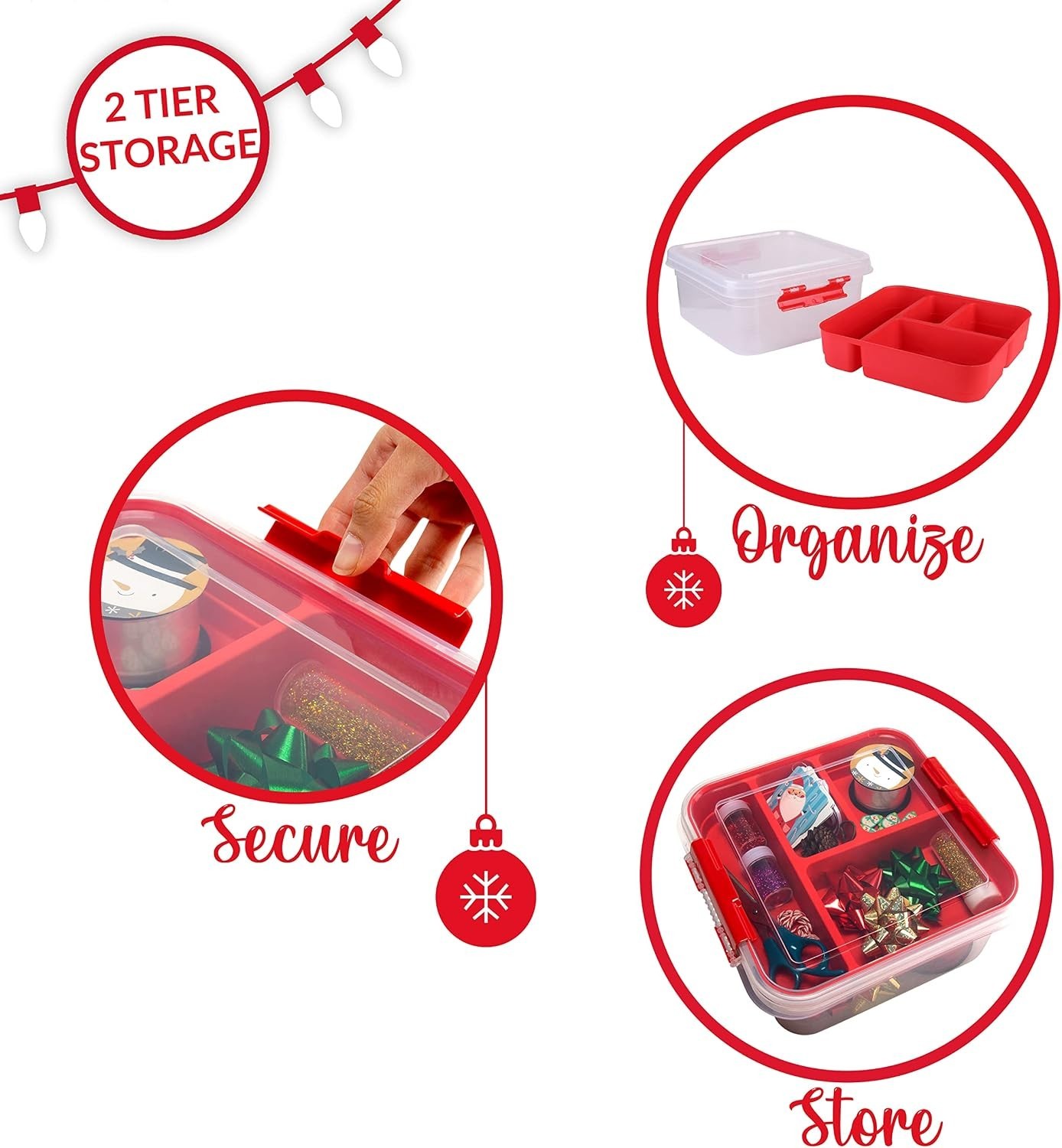 5 Compartment Gift Supply Storage Box | 2 Tier Box | Red | Clear Top Lid | Di…