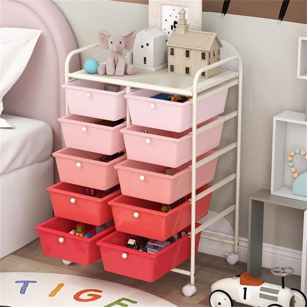 Pemberly Row 10-Drawer Storage Cart Utility Rolling Trolley in Pink