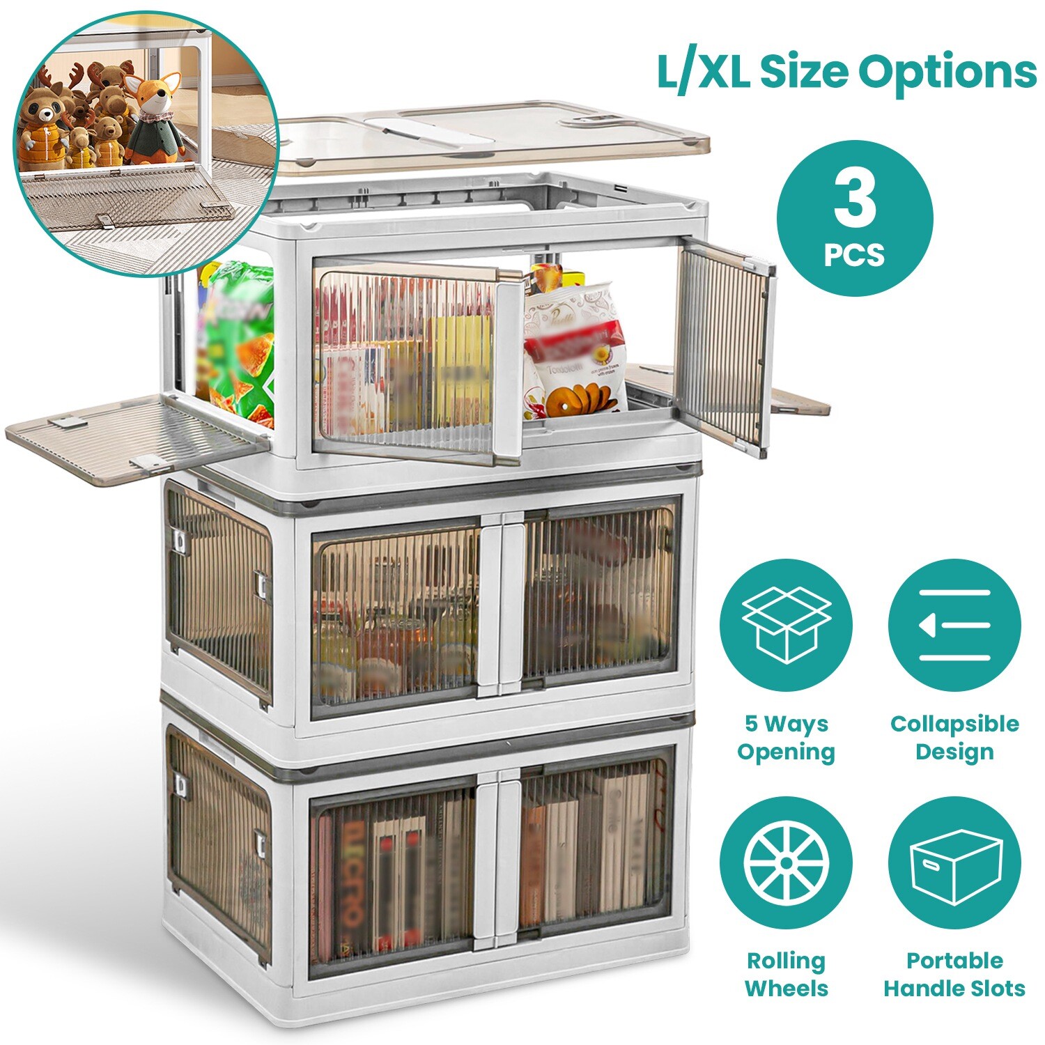 3pack Collapsible Storage Bins Stackable Storage Containers Organizer w/ Wheels