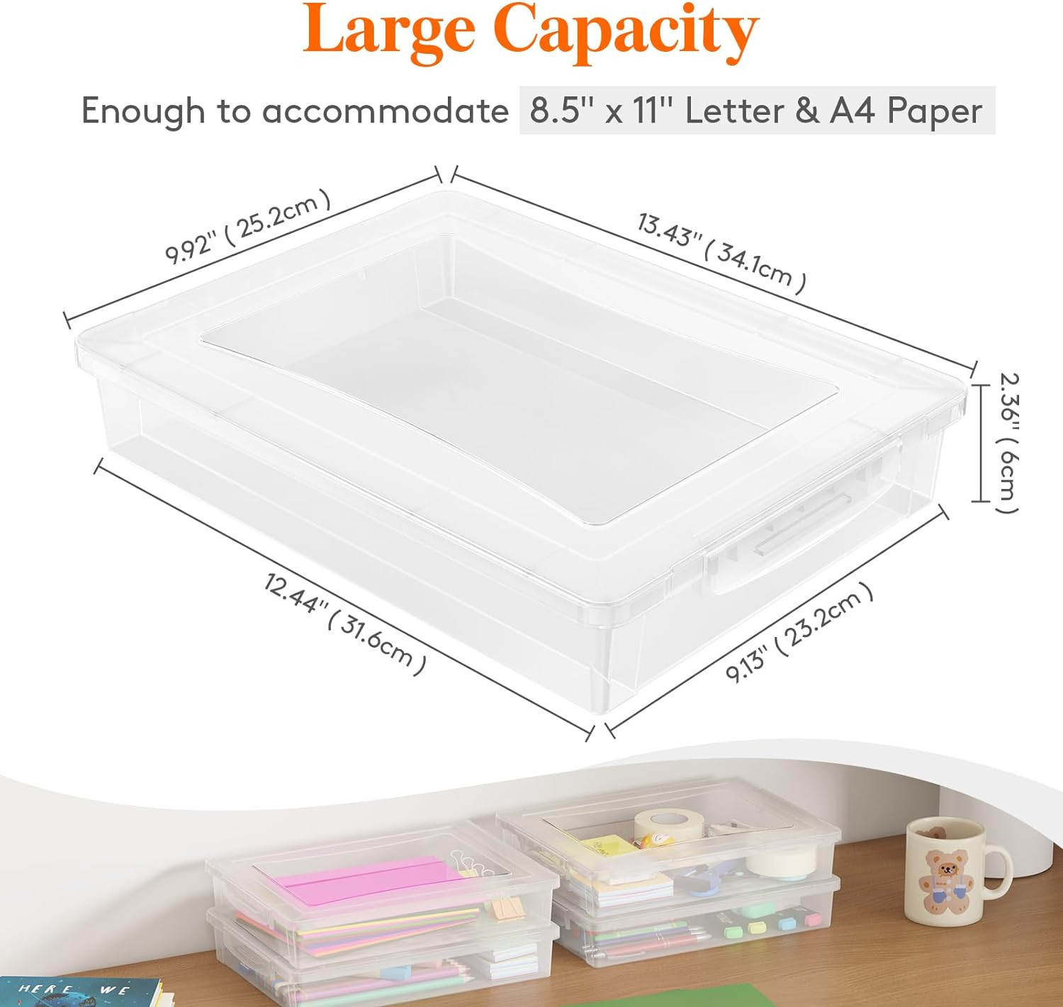 4 Pack Plastic Multi-Purpose Storage Box with Latching Lids, Clear A4 Paper