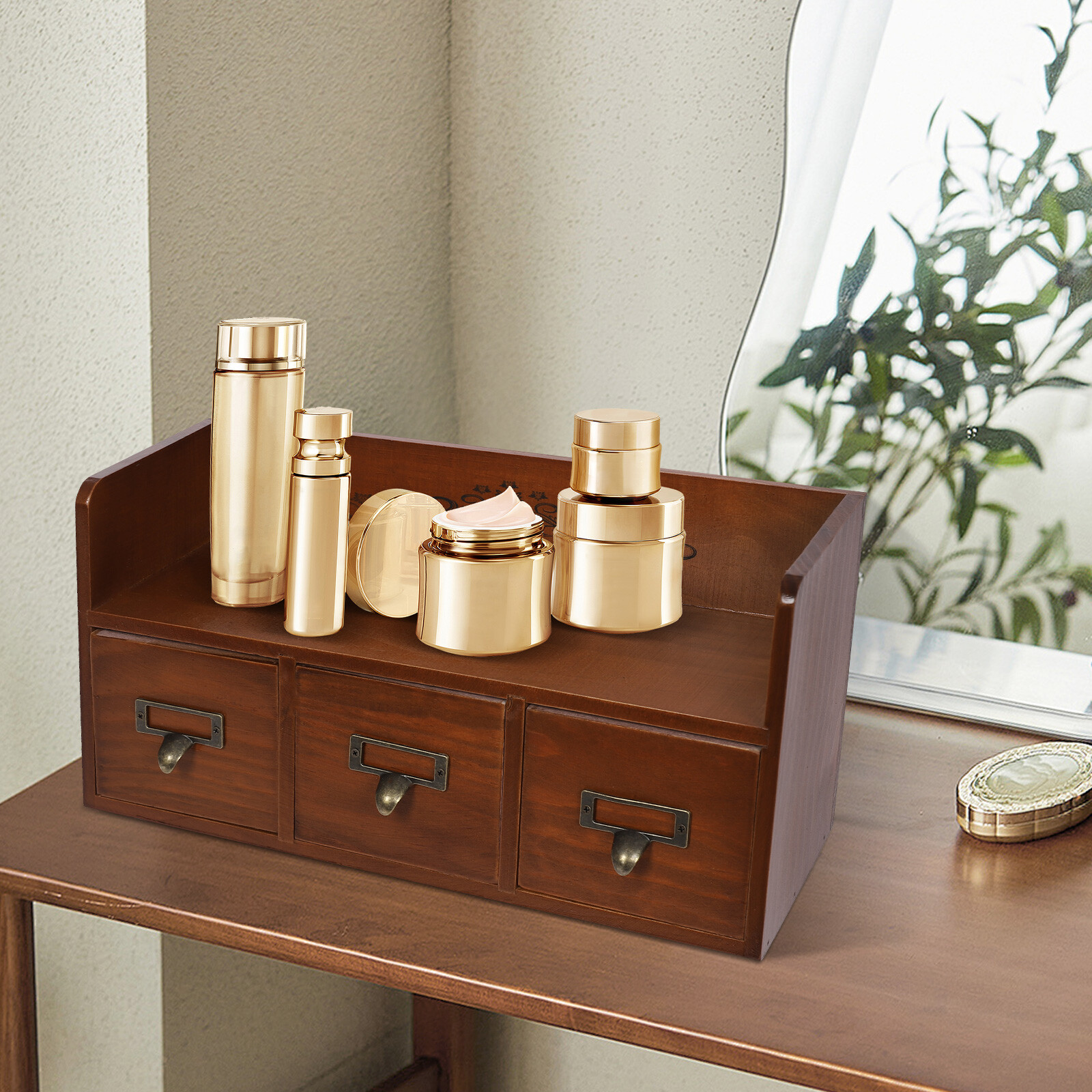 Vintage 3-Drawer Pine Wood Desktop Organizer for Cosmetics and Jewelry